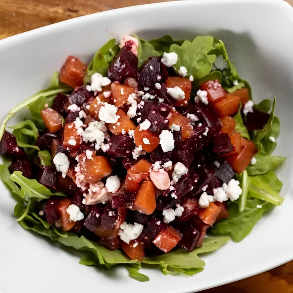 A vibrant beet and goat cheese salad with arugula in a white bowl.